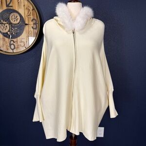 Cream Hooded Zip-up Sweater with Faux Fur Trim Plus Size